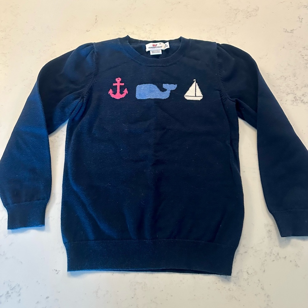 Vineyard Vines Navy Sweater with Pink Anchor, Light Blue Whale & White Sailboat